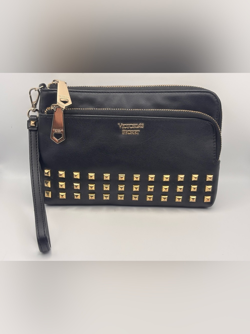 Victoria's Secret Double Zip Wallet, Black with Gold Studs, Wristlet Bag